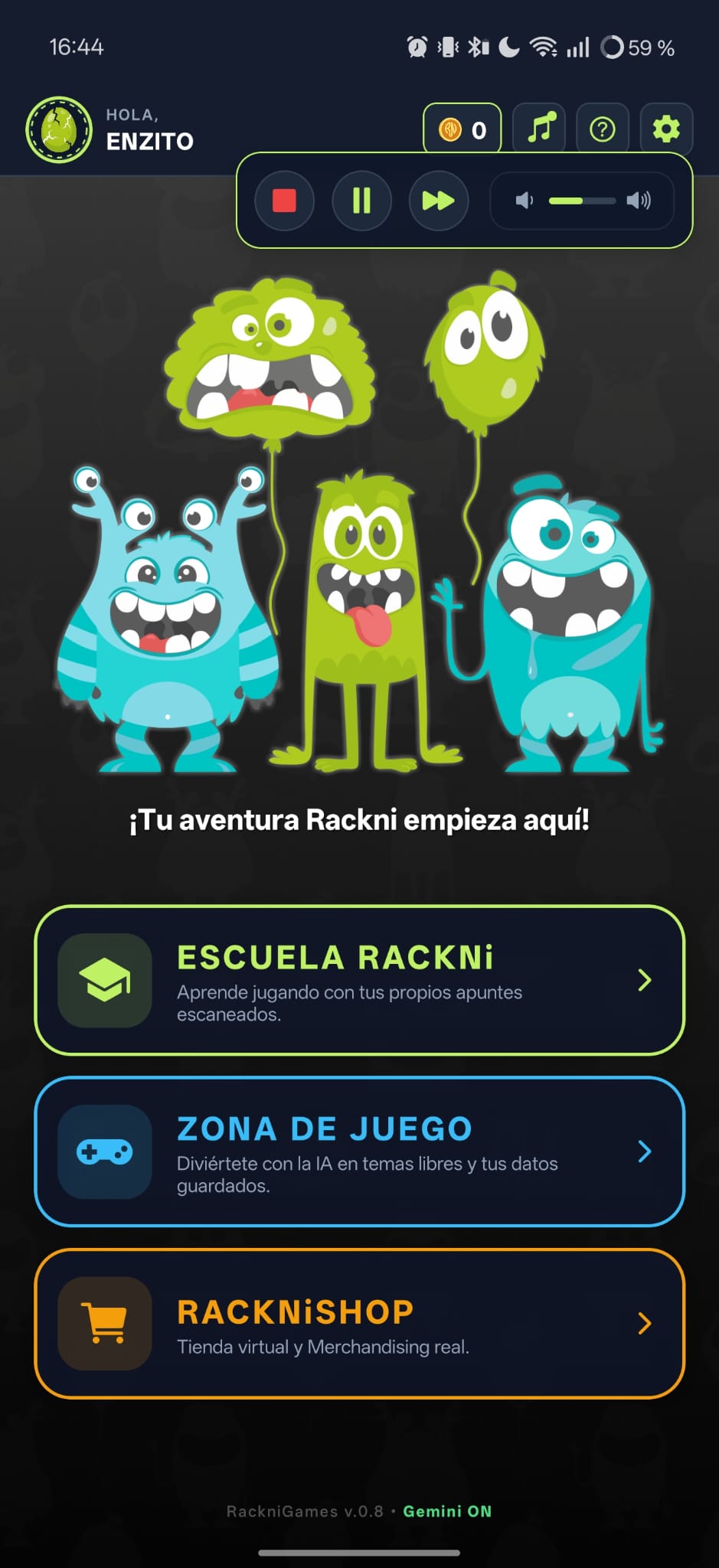 Pantalla de la app RackniGames