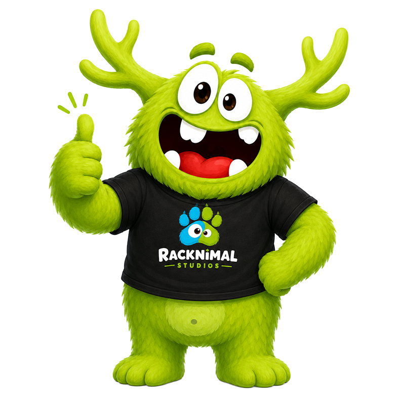 Racknimal verde vistiendo una camiseta de Racknimal Studios