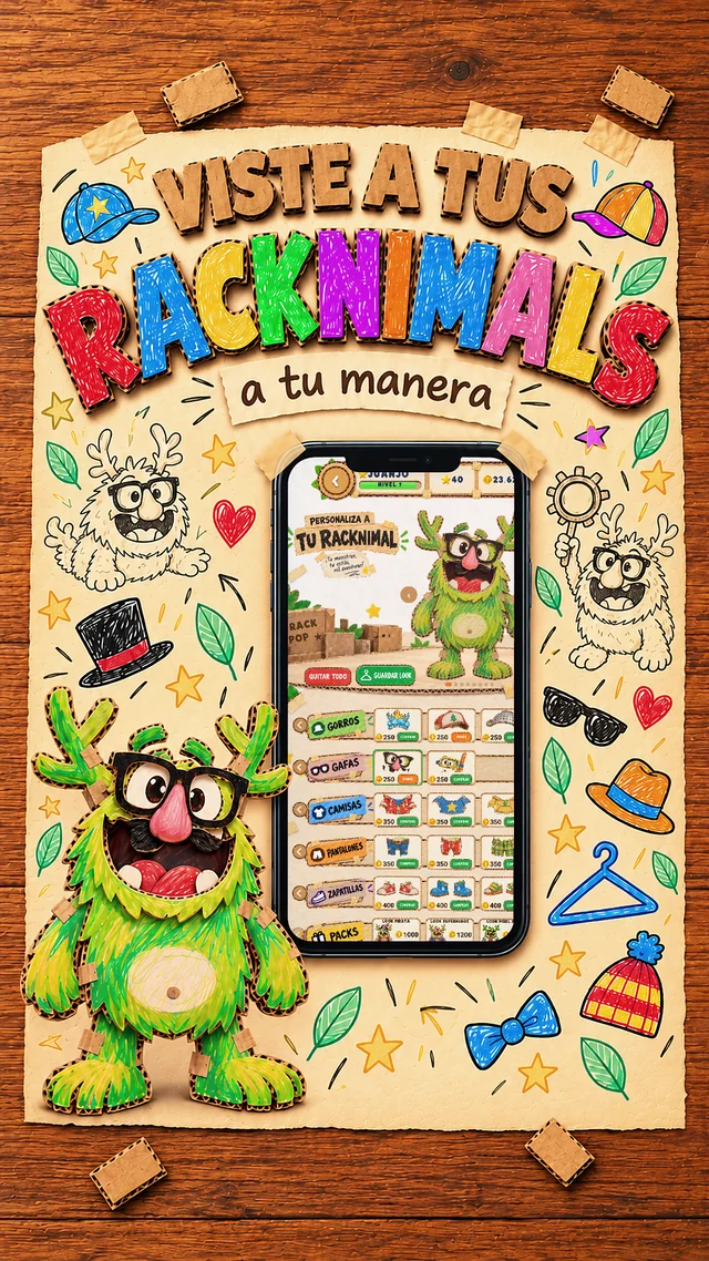 Personalización de Racknimals con gorros, gafas, camisas, pantalones, zapatillas y conjuntos.