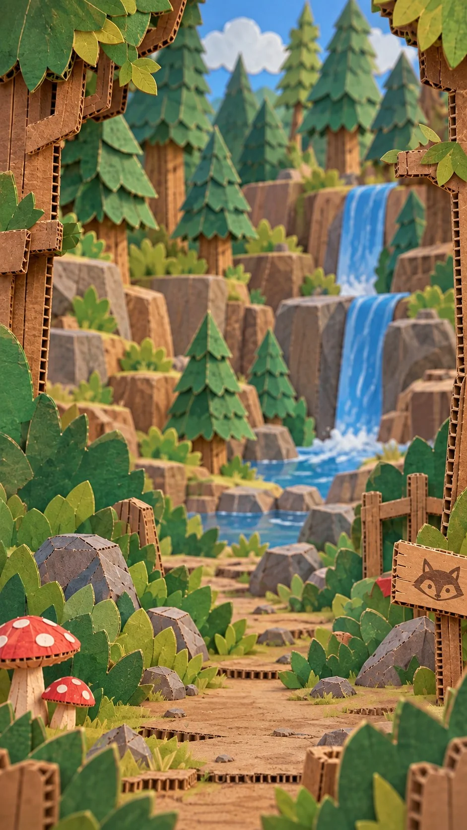 Bosque y cascadas construidos con cartón